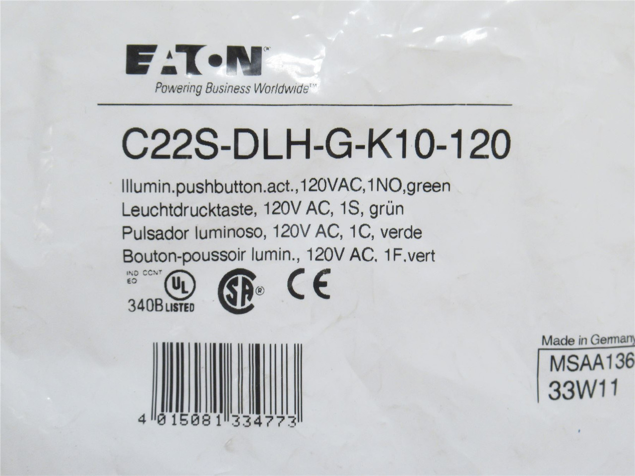 Eaton C22S-DLH-G-K10-120; Push-Button Switch; SPST-NO; Green