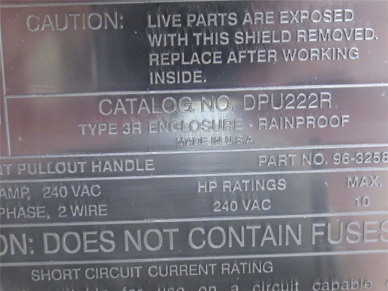 Eaton DPU222R; AC Disconnect Switch 60A; 240VAC; DPST