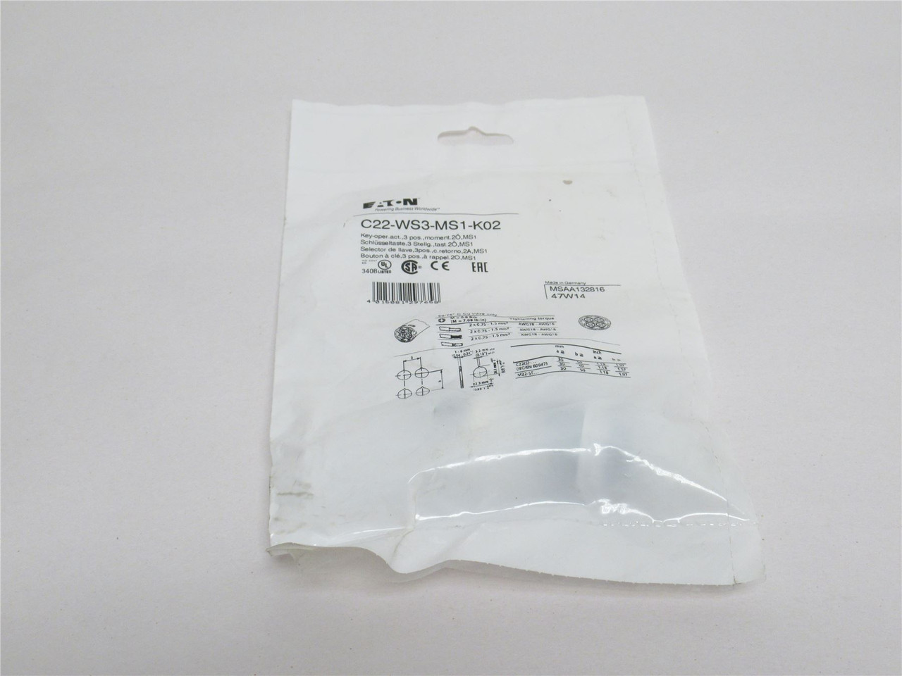 Eaton C22-WS3-MS1-K02; Keyed Selector Switch; 3-Pos; Moment