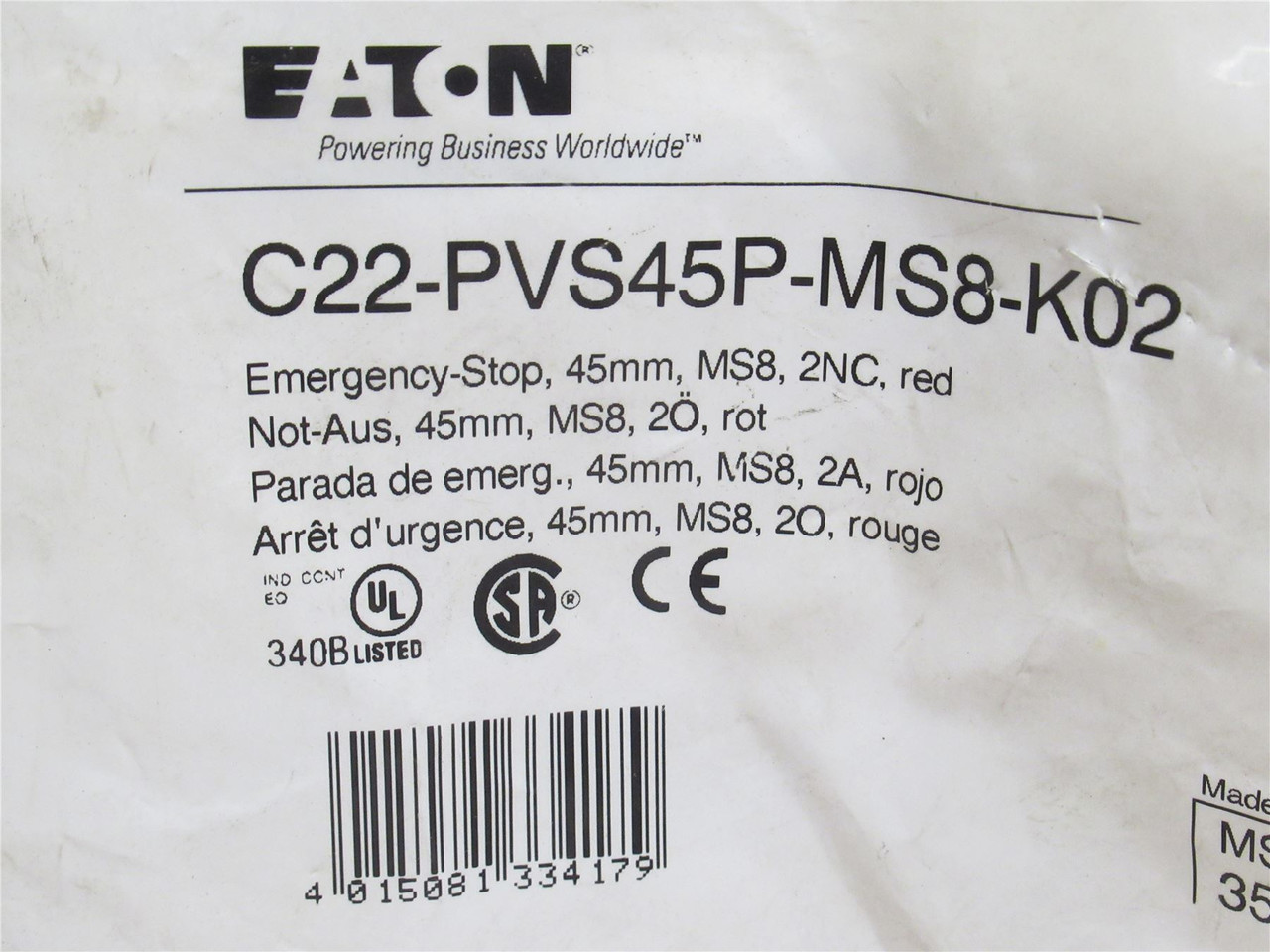 Eaton C22-PVS45P-MS8-K02; Non-Illuminated E-Stop Switch; Red