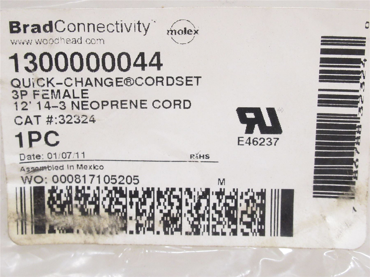 Woodhead 1300000044; QC Cordset 32324; 3P; Female; 12' Long