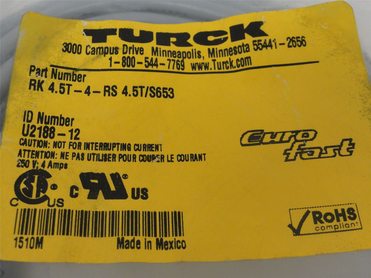 Turck U2188-12; Cordset; 4M Length; 4A; 250V; M12