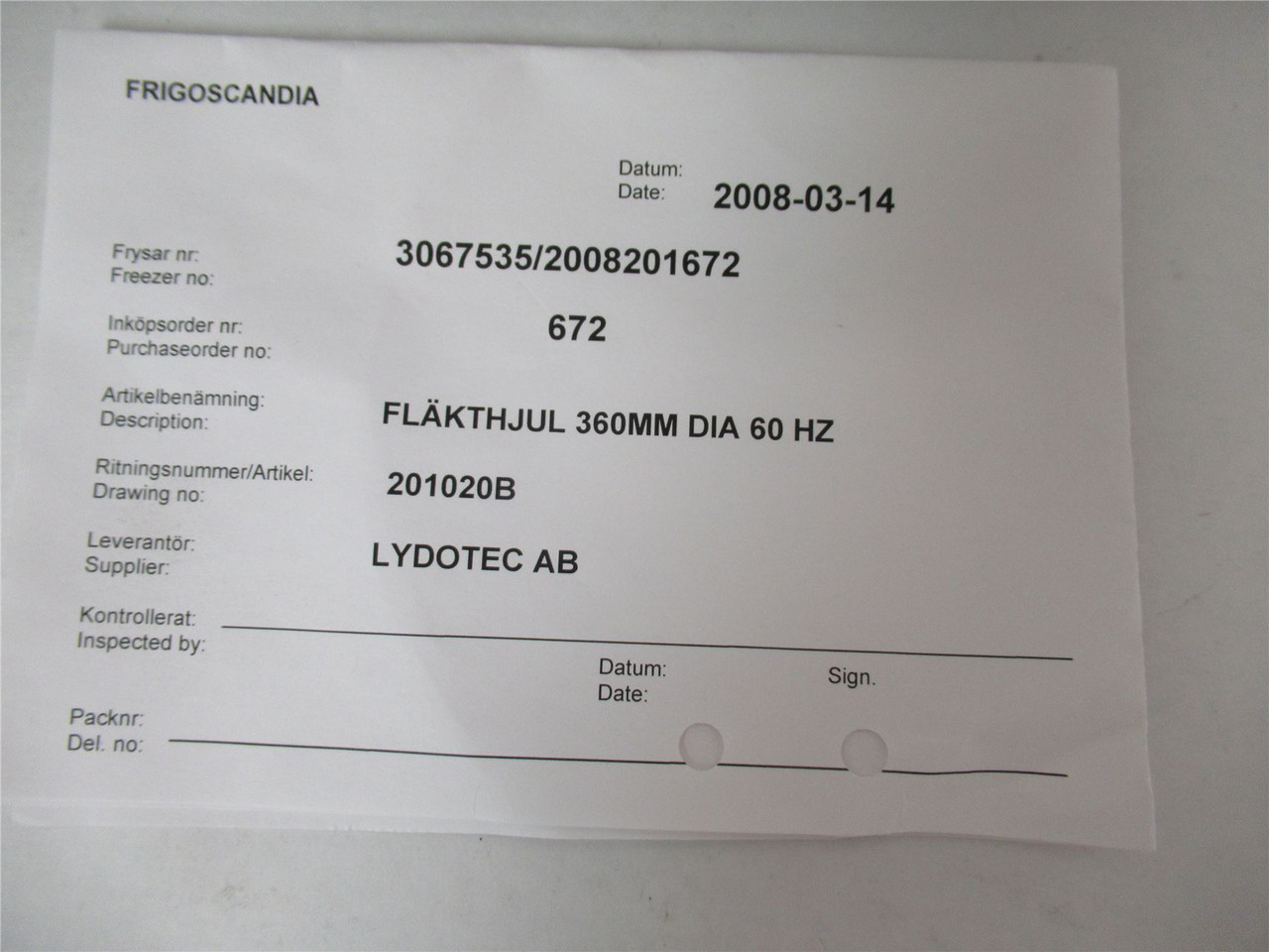 Frigoscandia 201020B; Fan Wheel 360mm Diameter 60 HZ