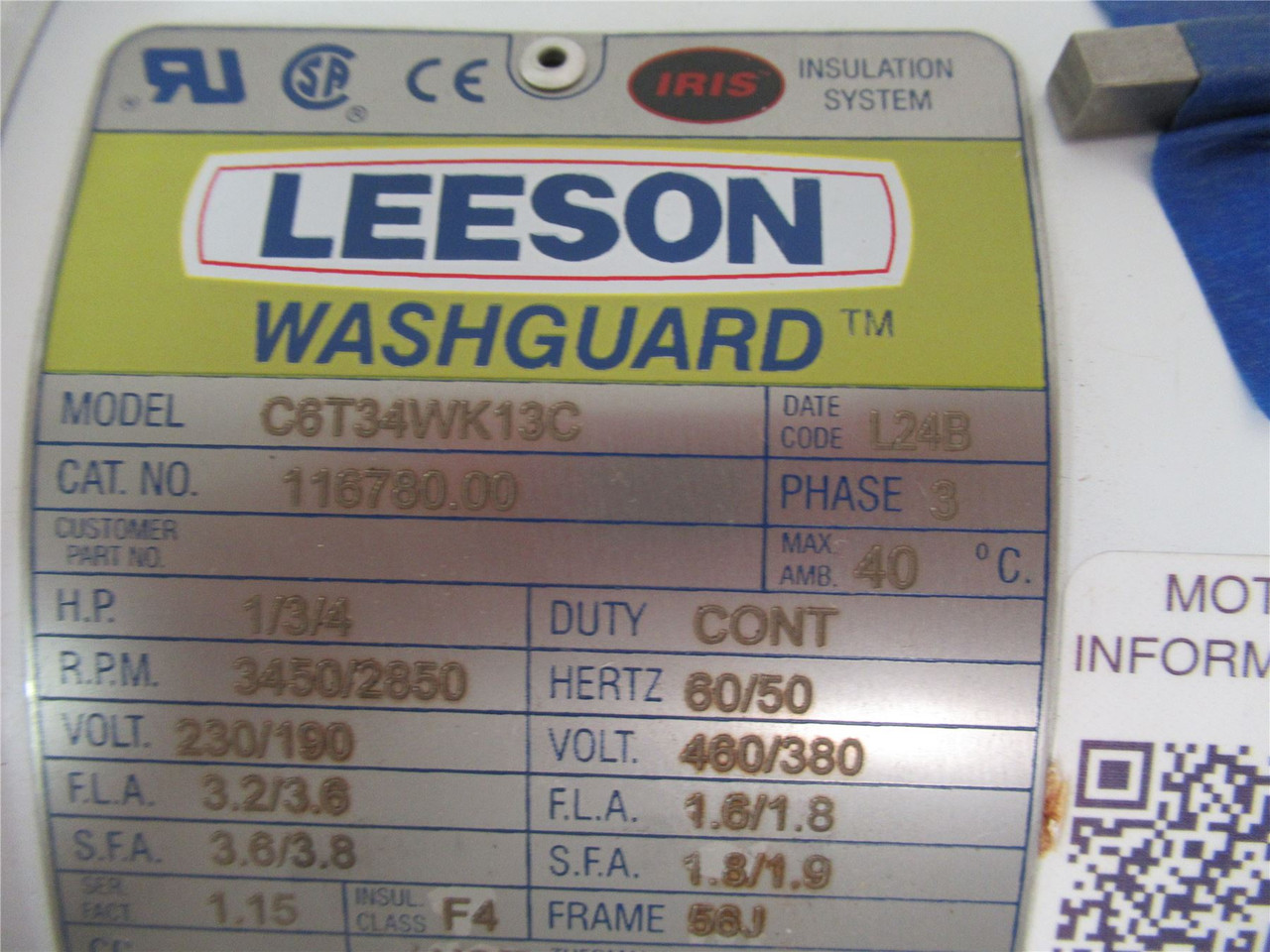 Leeson 116780; AC Motor 1/3HP 3450RPM 230/460V 3 Phase