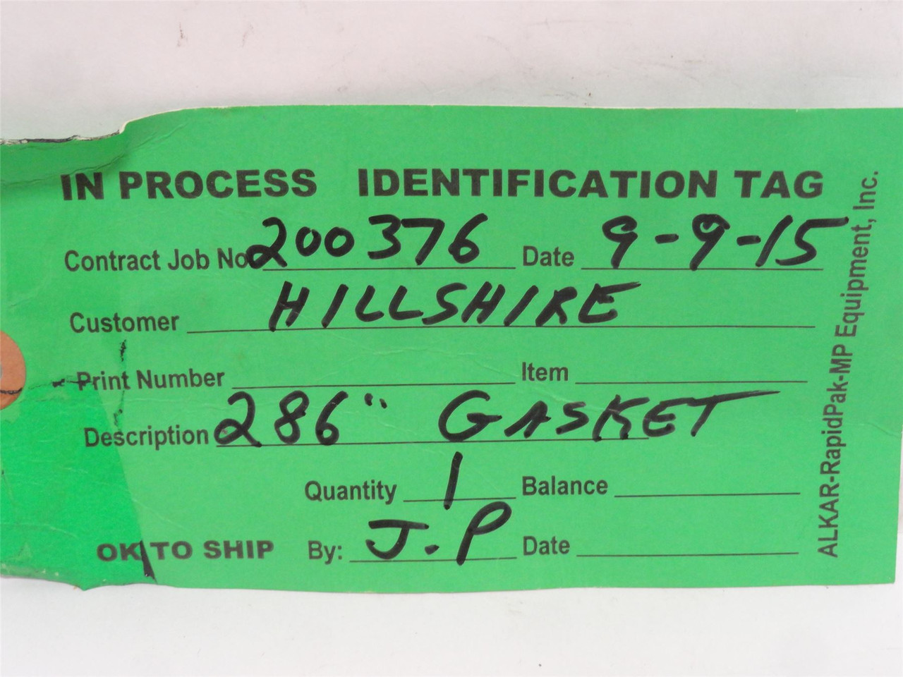 Alkar Rapidpak 0151900/286; Inflatable Gasket 200736; 286"OD