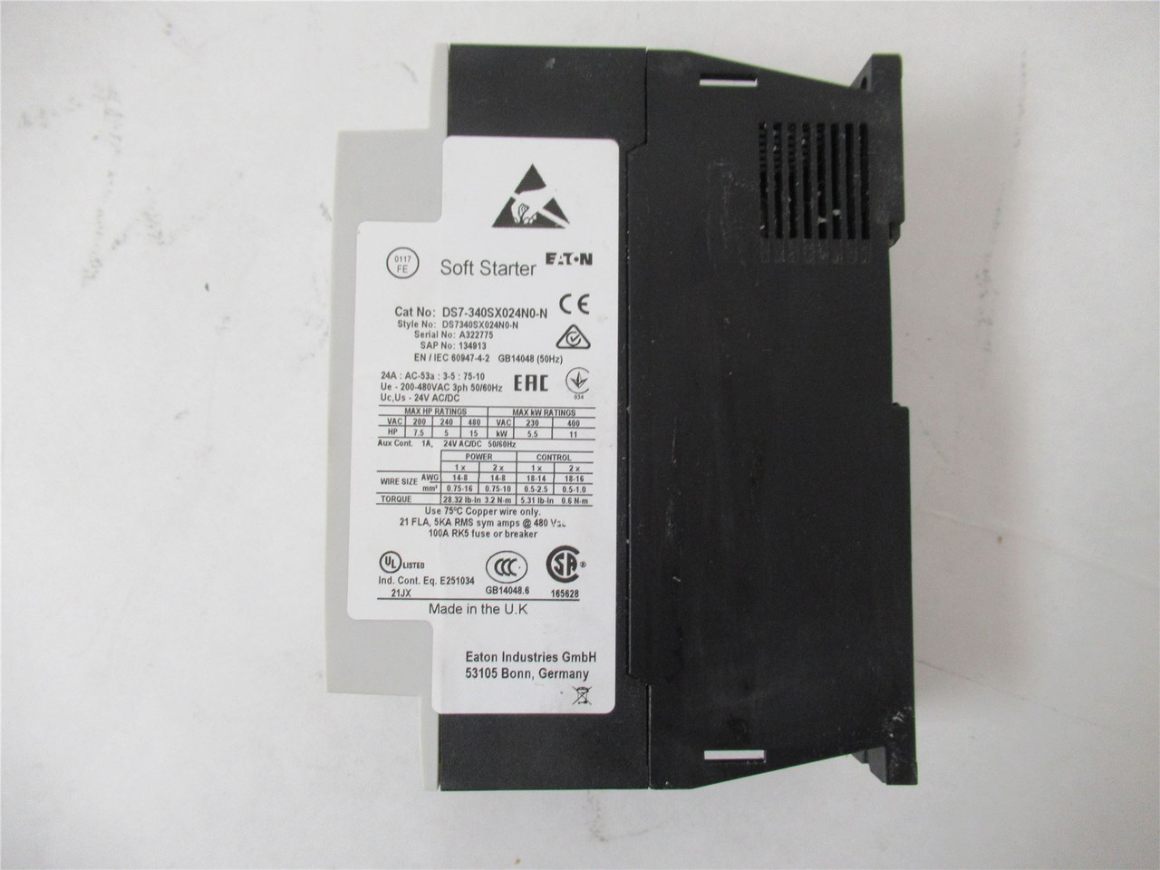 Eaton DS7-340SX024N0-N; Soft Start 22A 15HP@480VAC