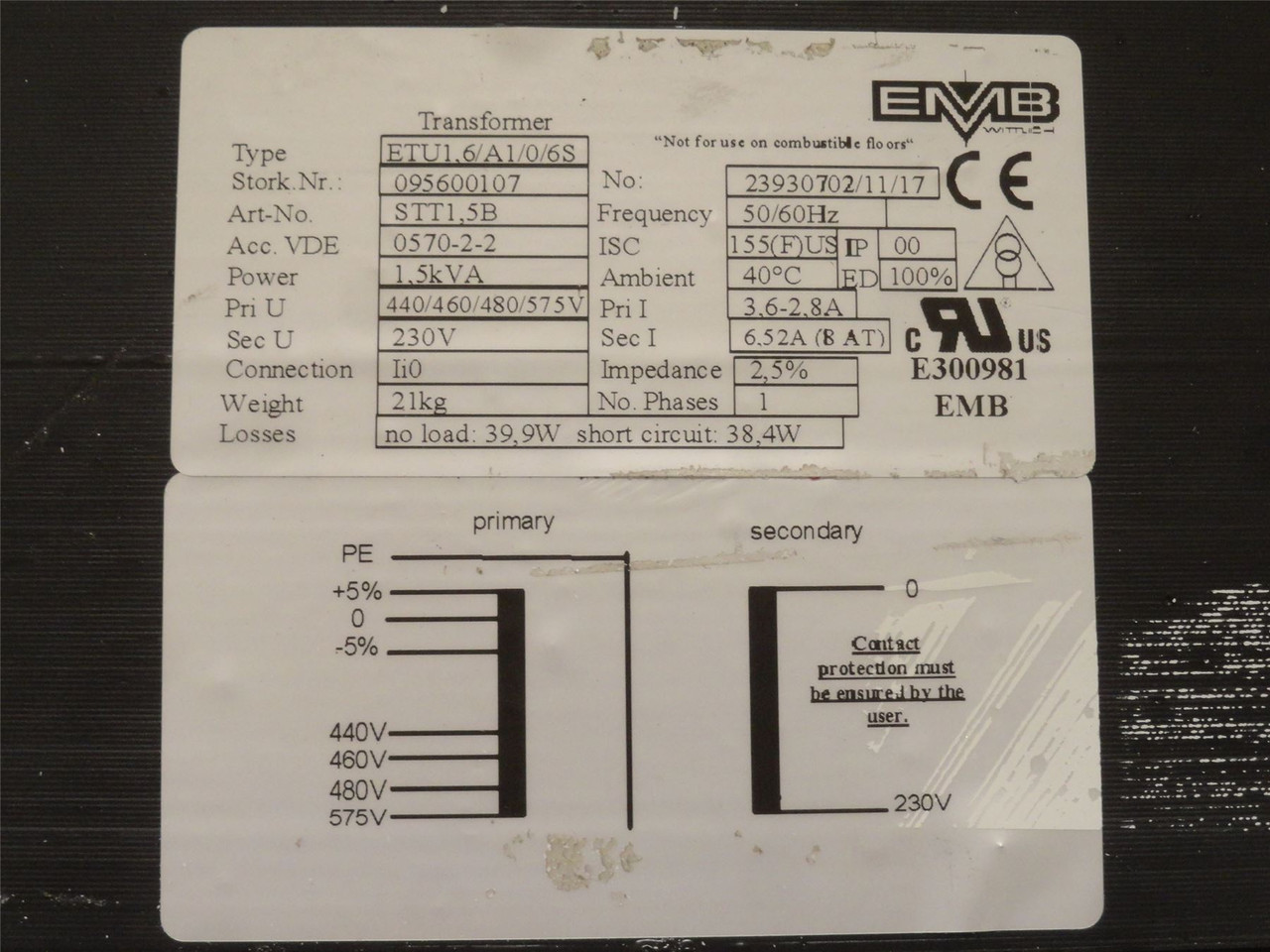 EMB ETU1;6/A1/0/6S; Transformer; 1.5kVa 440/460/480/575V Prime