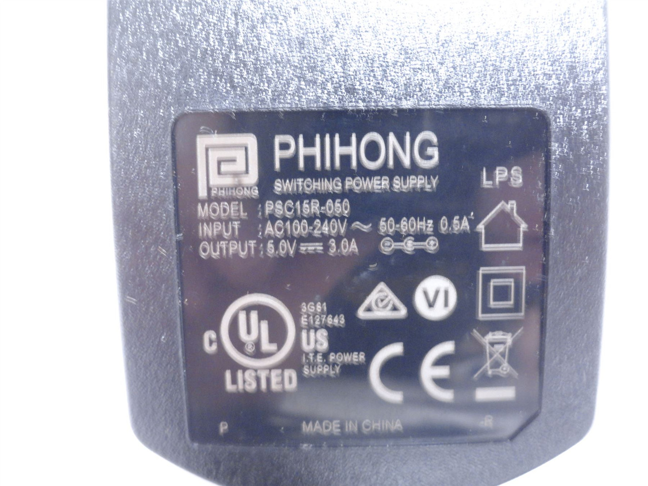 Phihong PSC15R-050; Wall Mount AC Adapter 100-240VAC In