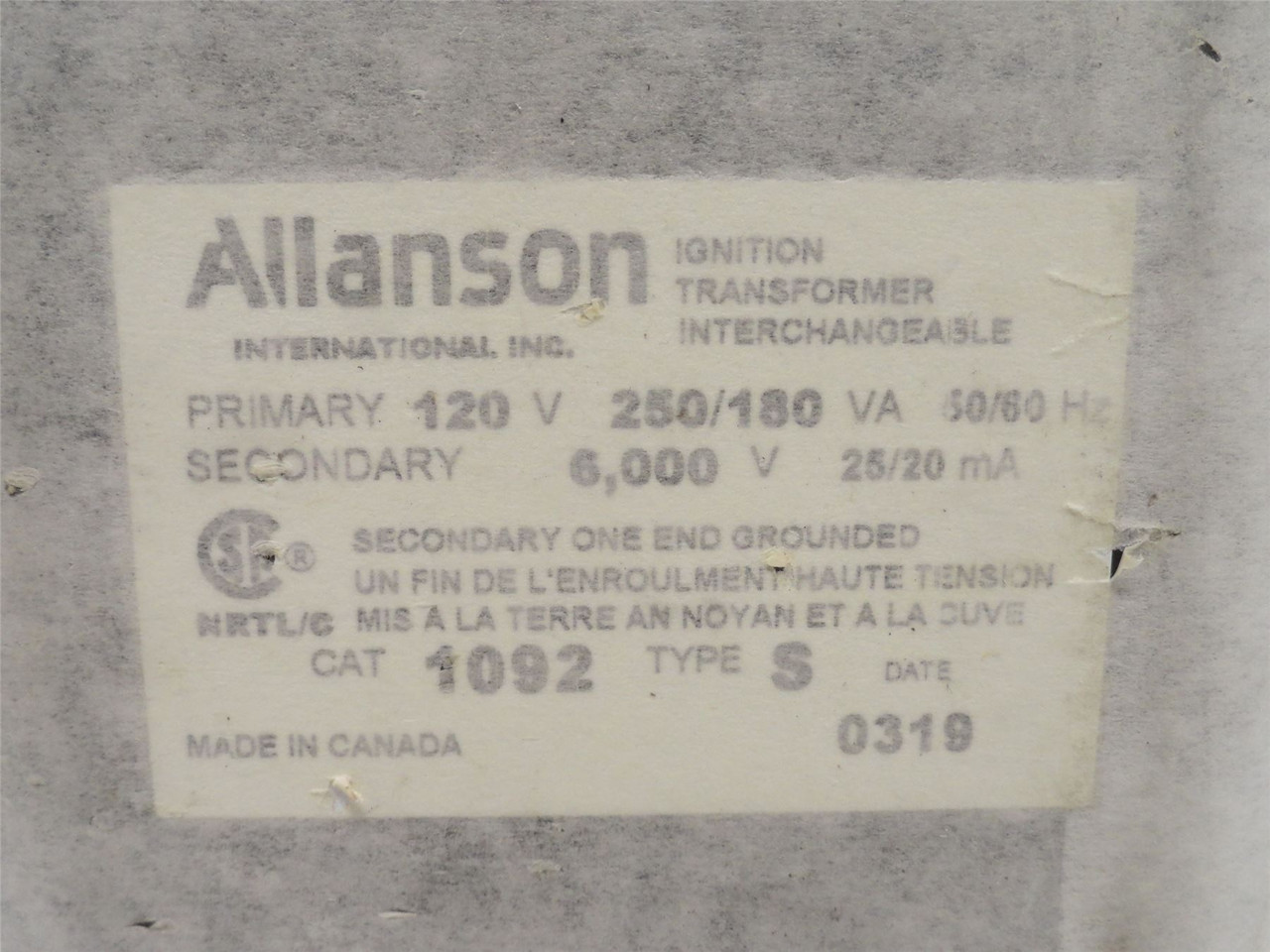 Allanson 1092-S; Gas Burner Ignition Transformer 120V Primary