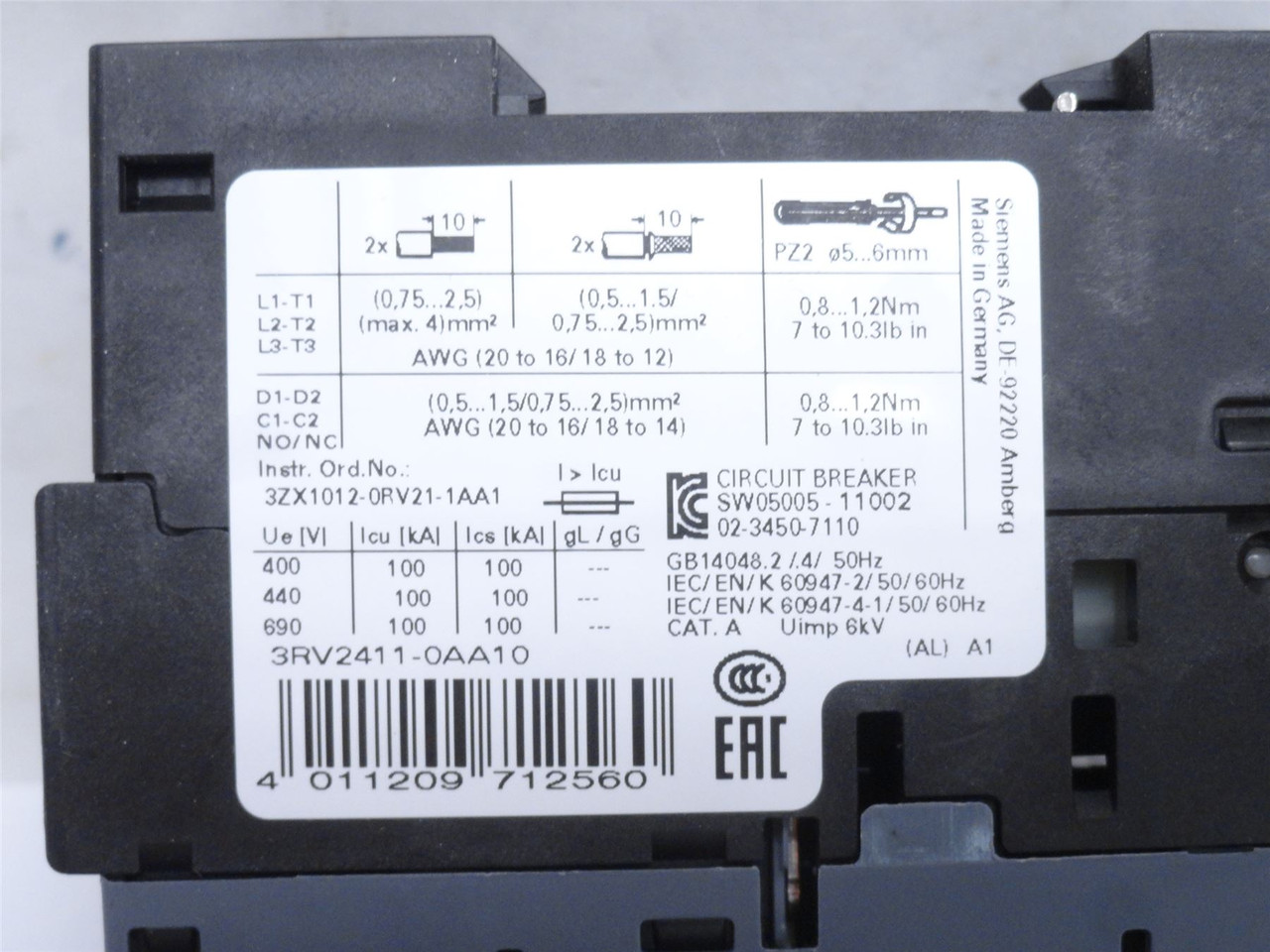 Siemens 3RV2411-0AA10; Manual Starter 11-16A; 3P; 690VAC