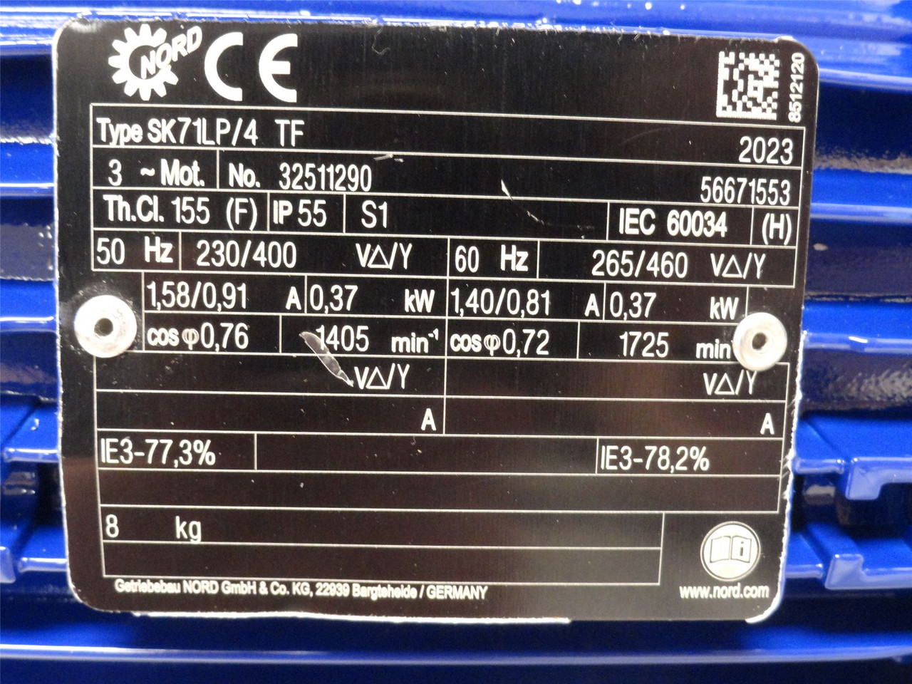 Nord SK71LP/4TF; Motor 0.37kW; 265/460VAC; 1725RPM; 3PH; 60HZ