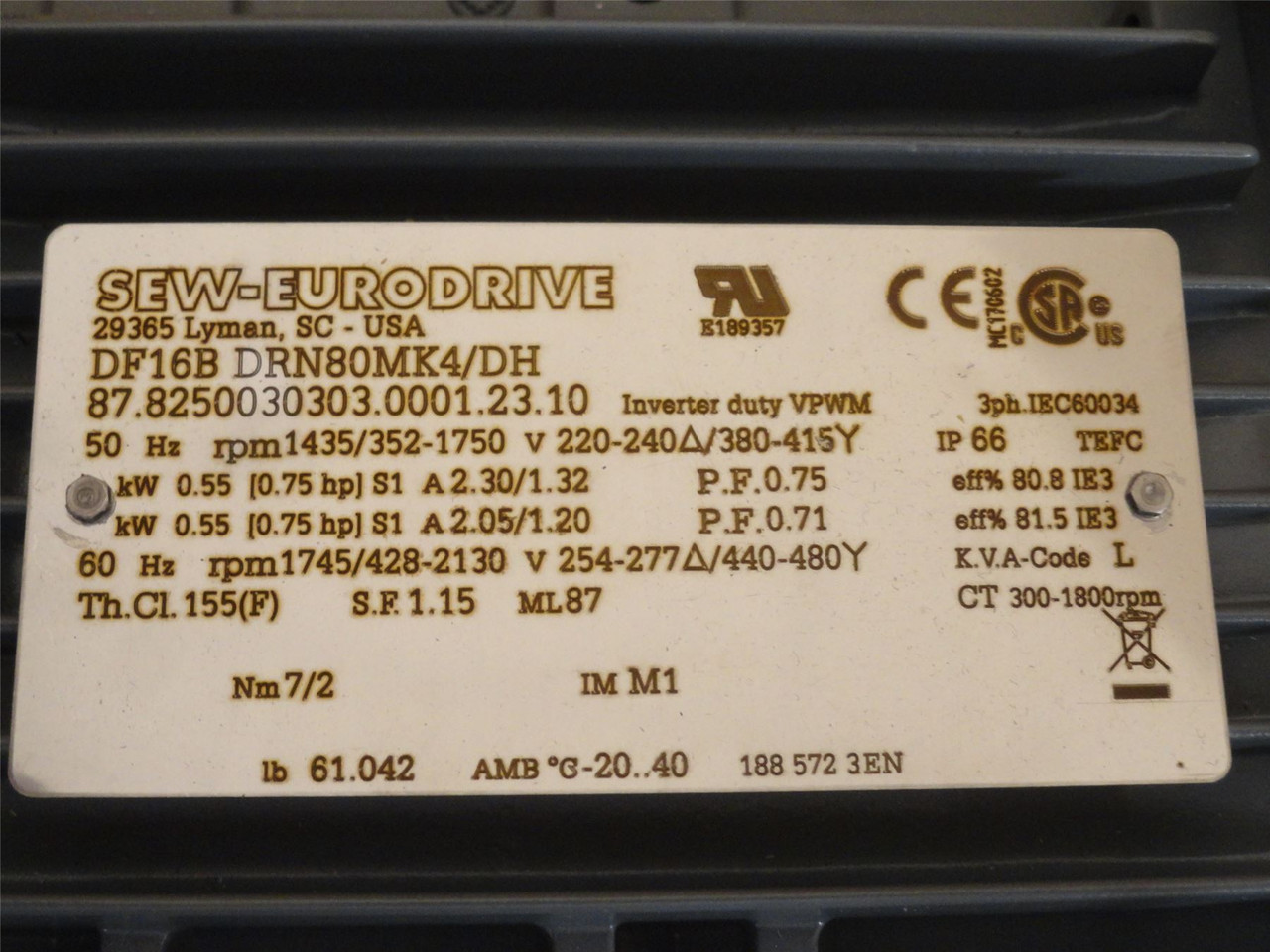 SEW DF16BDRN80MK4/DH; AC Gear Motor 0.55kW; 380-415V; 1750RPM