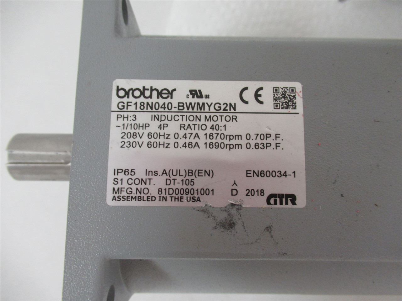 Brother GF18N040-BWMYG2N; AC Motor 1/10HP 230V 3Ph 40:1 Ratio