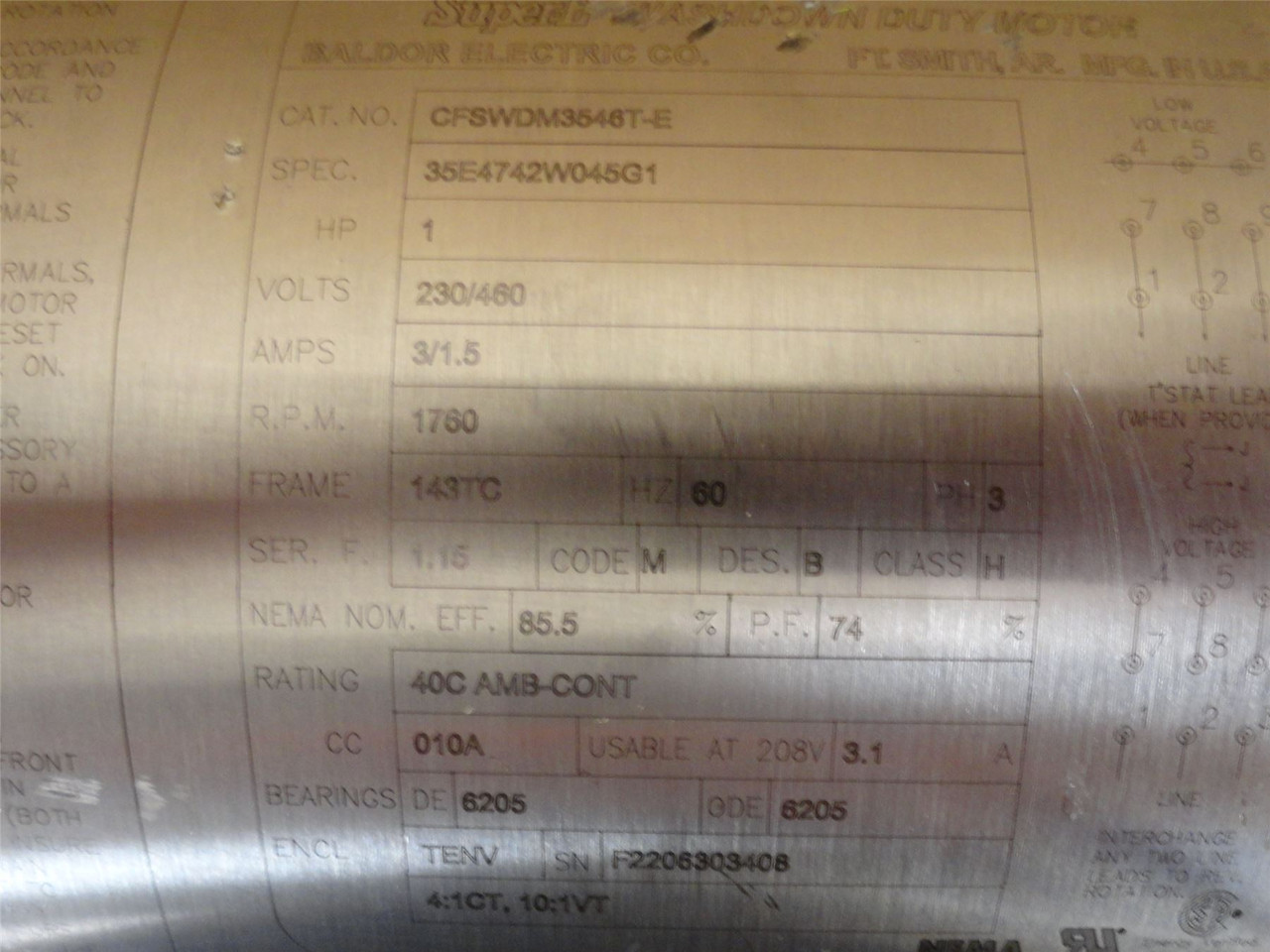 Baldor CFSWDM3546T-E; AC Motor; SS; 1HP; 230/460V; 1770RPM