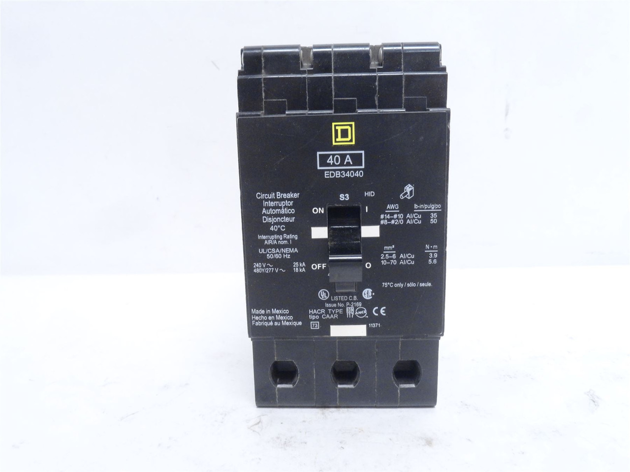 Square D EDB34040; Bolt-On Circuit Breaker 40A; 3P; 277/480VAC