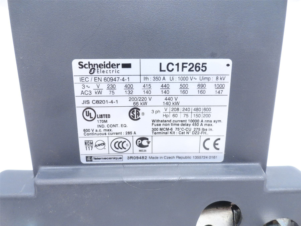 Schneider LC1-F265; Contactor Body; No Coil; 265A; 3P; 600VAC