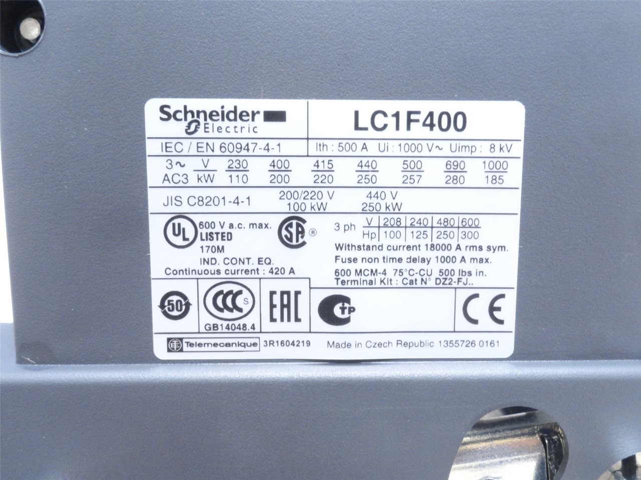 Schneider LC1F400; Contactor Body; No Coil; 400A; 3P; 1000VAC