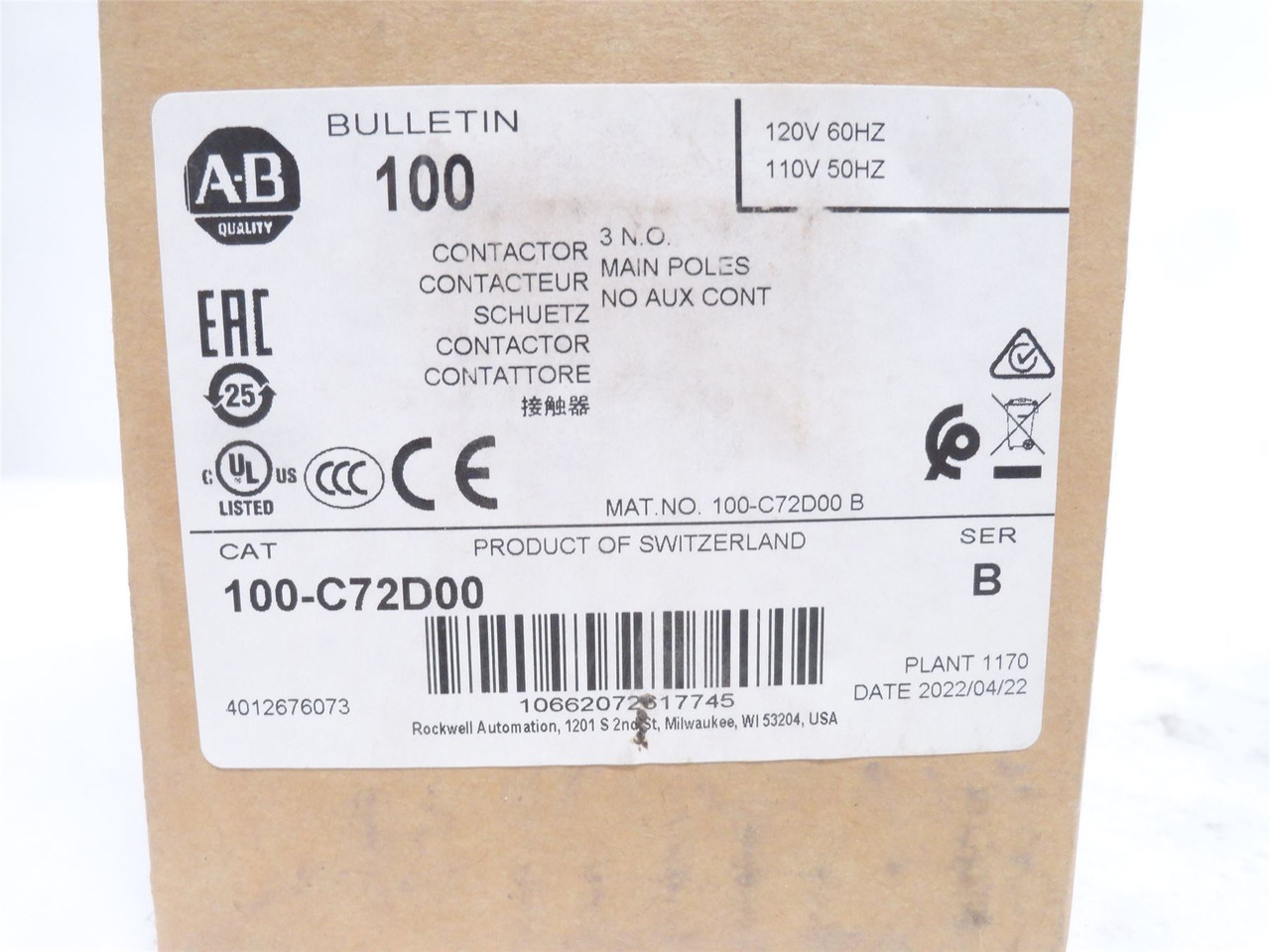 Allen-Bradley 100-C72D00; Contactor; 3P 90A 600V; Coil 120VAC