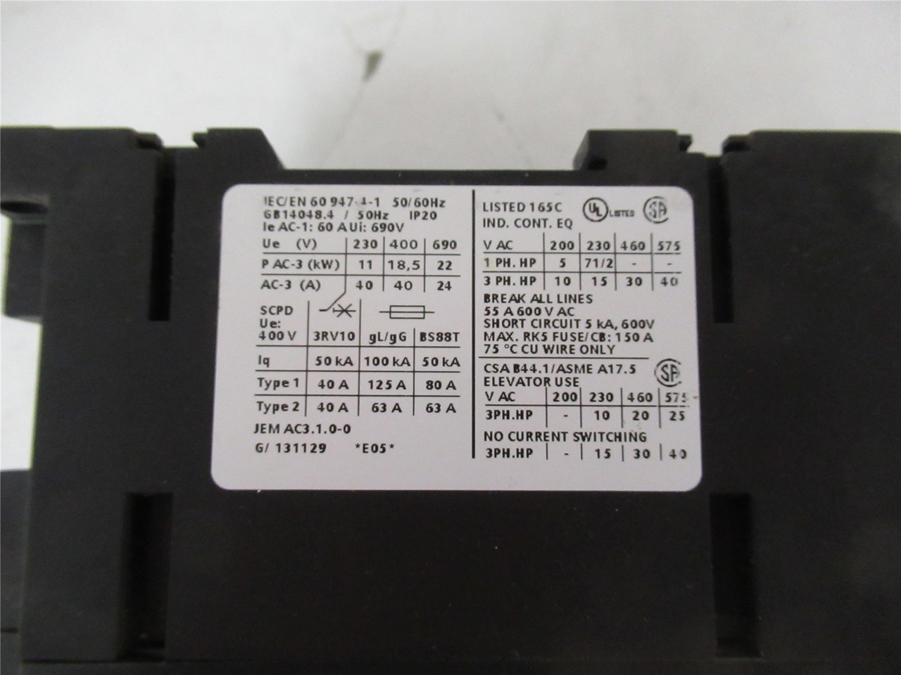 Siemens 3RT10351BB40; Contactor 40A 3P 690V COIL 24 VDC