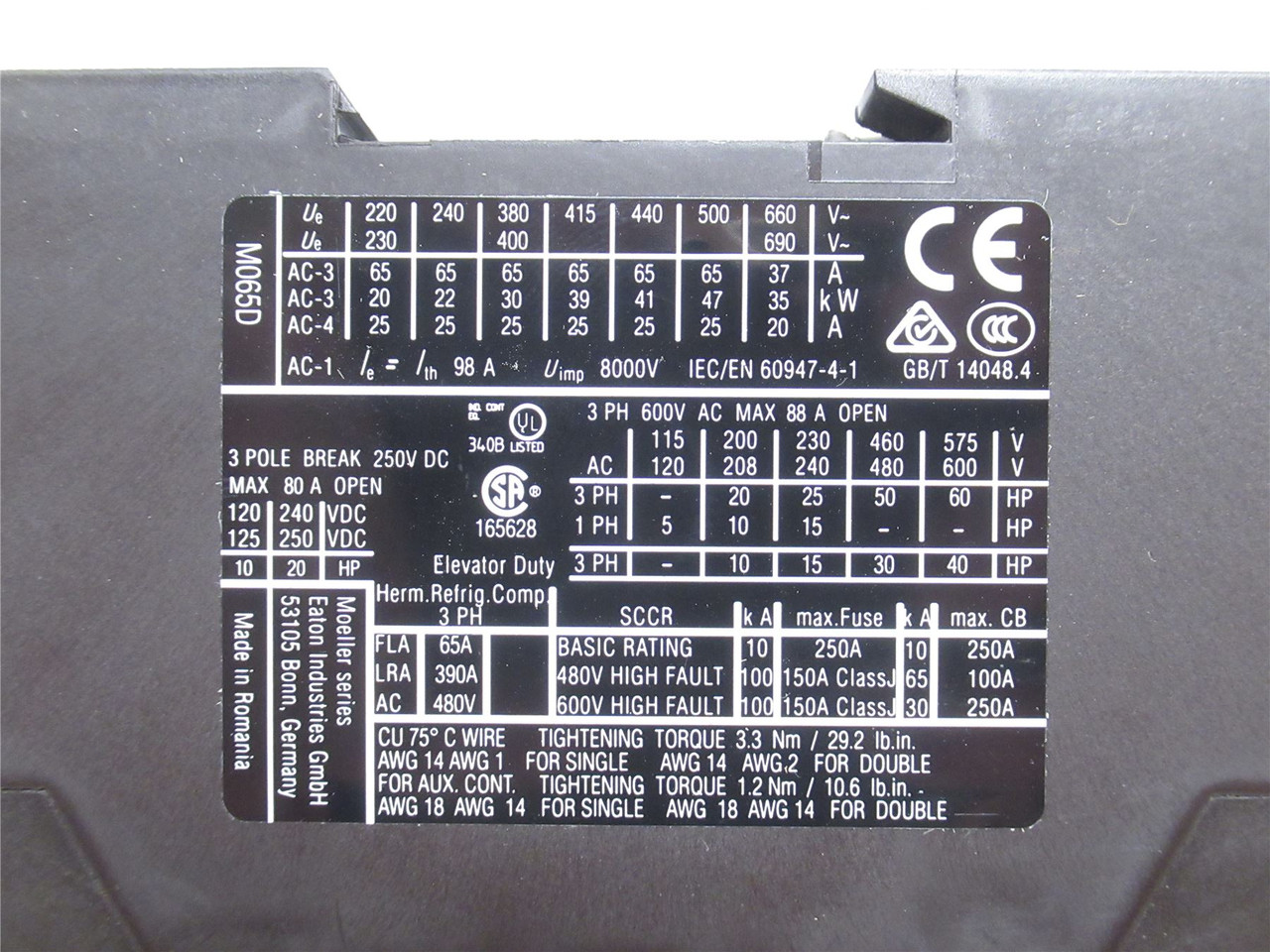 Eaton XTCE065DS1E; Contactor; 65A; 600VAC; 4P; Coil: 208V