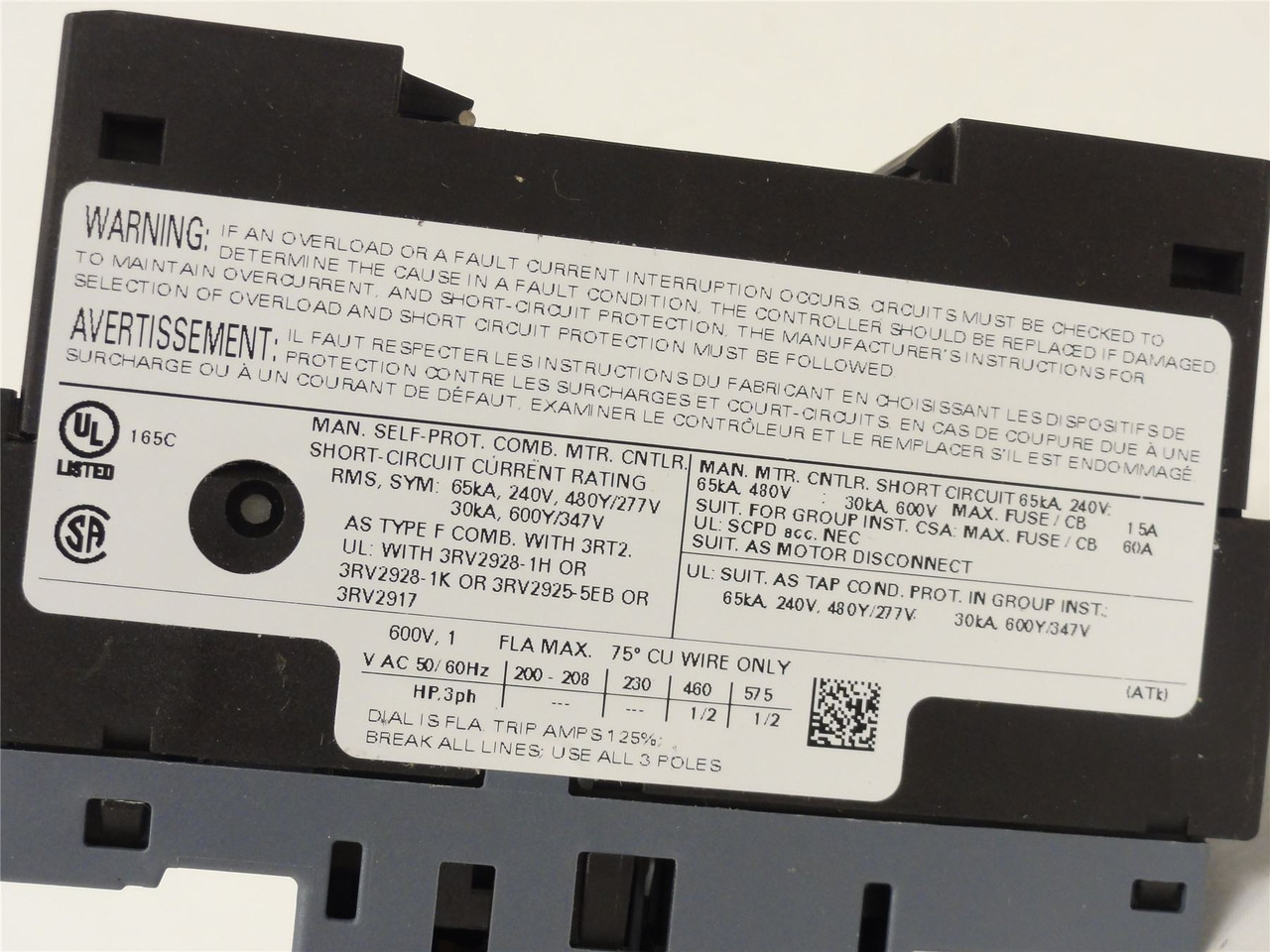 Siemens 3RV2011-0JA10; Manual Starter; .7 to 1Amp