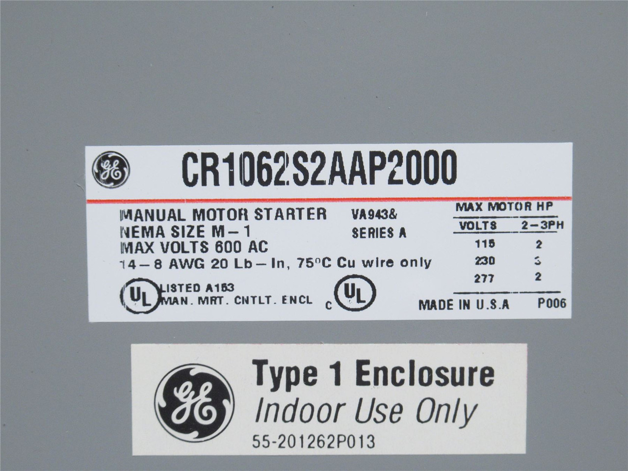 GE CR1062S2AAP2000; Manual Starter 115/240VAC; 2P; 2HP