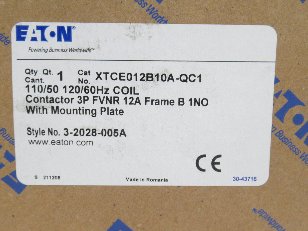 Eaton XTCE012B10A-QC1; Contactor 12A 3P; 600V; Coil: 110/120V