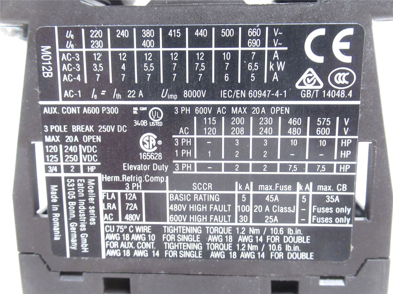 Eaton XTCE012B10A-QC1; Contactor 12A 3P; 600V; Coil: 110/120V