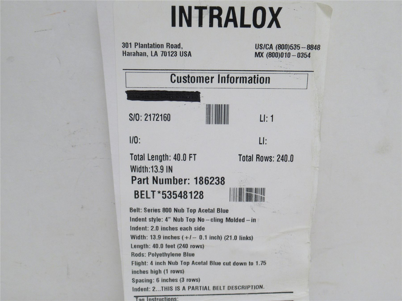 Intralox 186238; Nub Top; 4" flights;  20" Wide x 40'Total