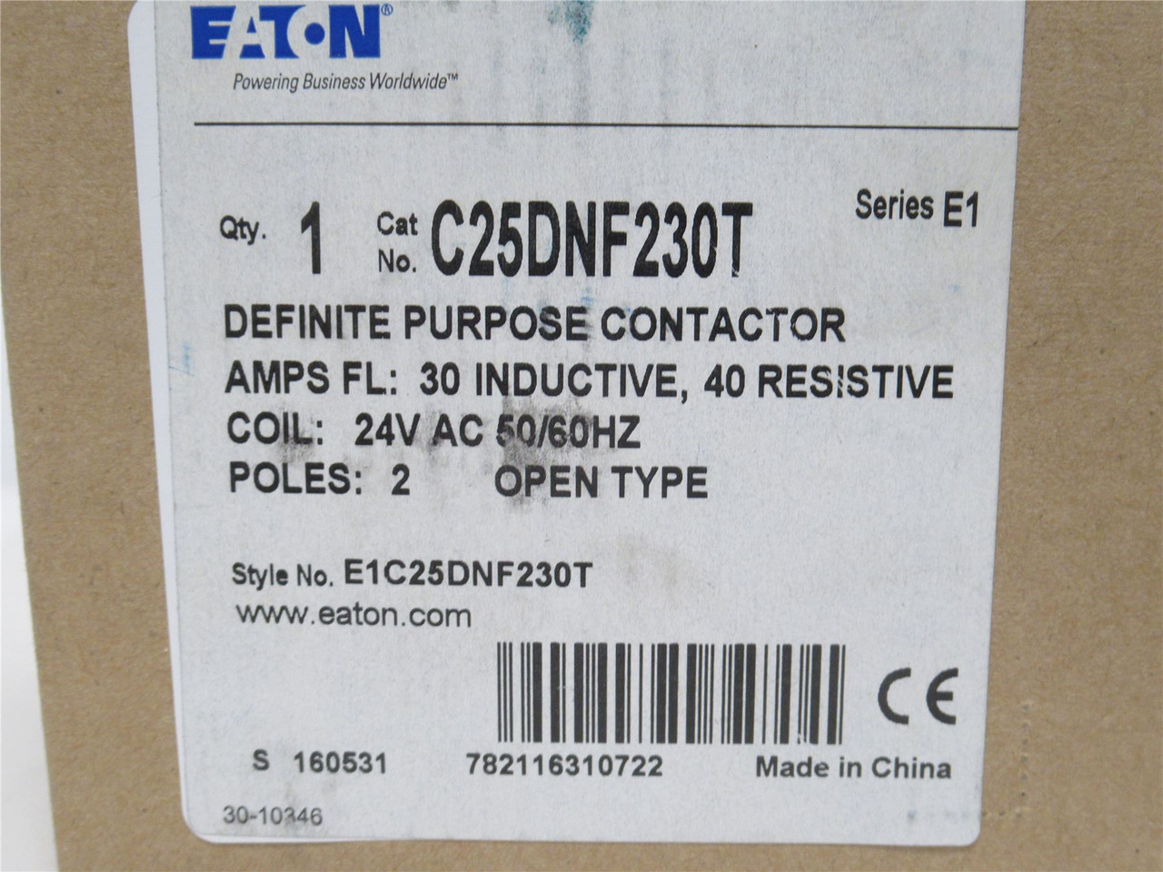 Eaton C25DNF230T; Contactor; 30A; 3P; 600VAC; Coil 24VDC