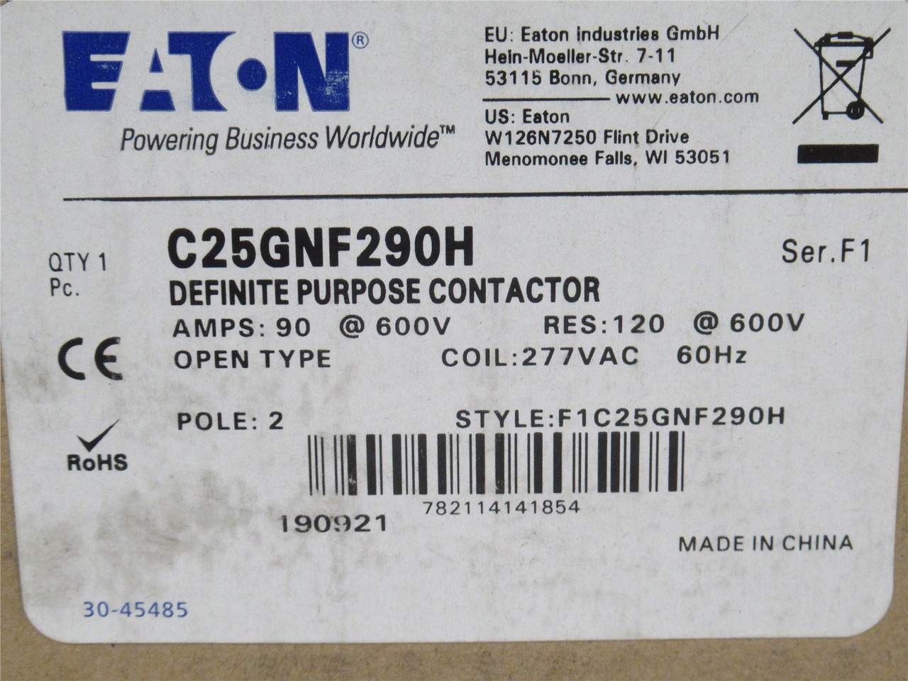 Eaton C25GNF290H; Contactor; 90A; 2P; 600VAC; Coil: 277VAC