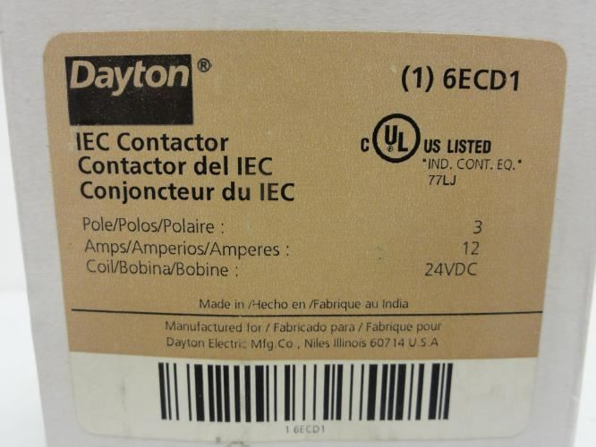 Dayton 6ECD1; Contactor; 12A; 3P; 600V Max; Coil: 24V