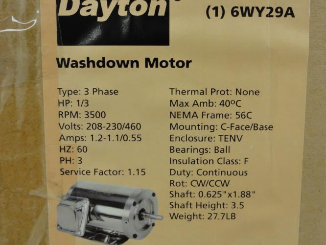 Dayton 6WY29A; AC Motor 1/3Hp; 208-230/460V; 3500RPM; 3PH