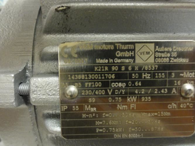 VEM K21R90S6H/8537; Motor; 0.75kW; 230/400V; 935RPM; 3Ph