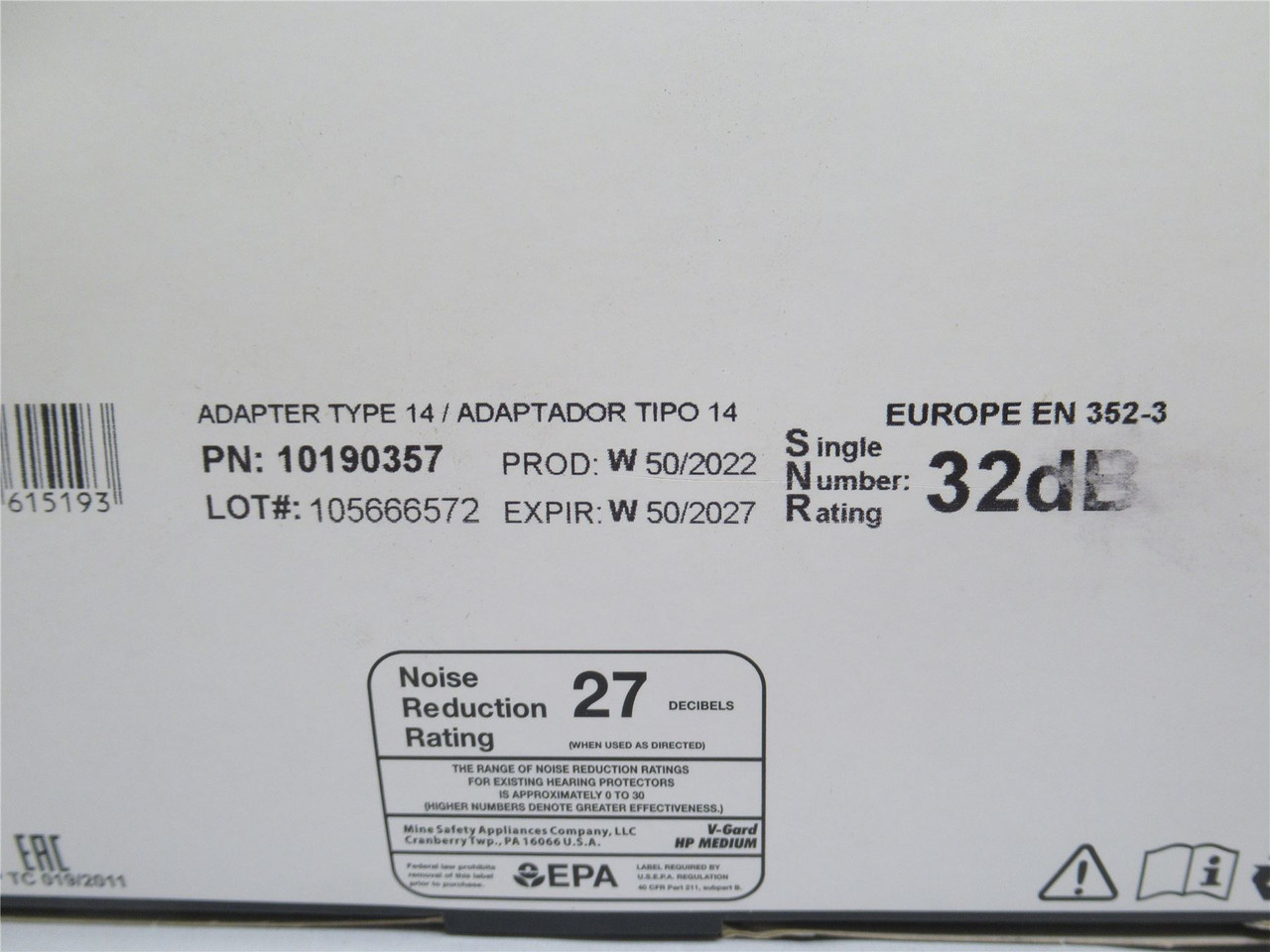 MSA 10190357; Helmet Mounted Earmuff; 27dB NRR