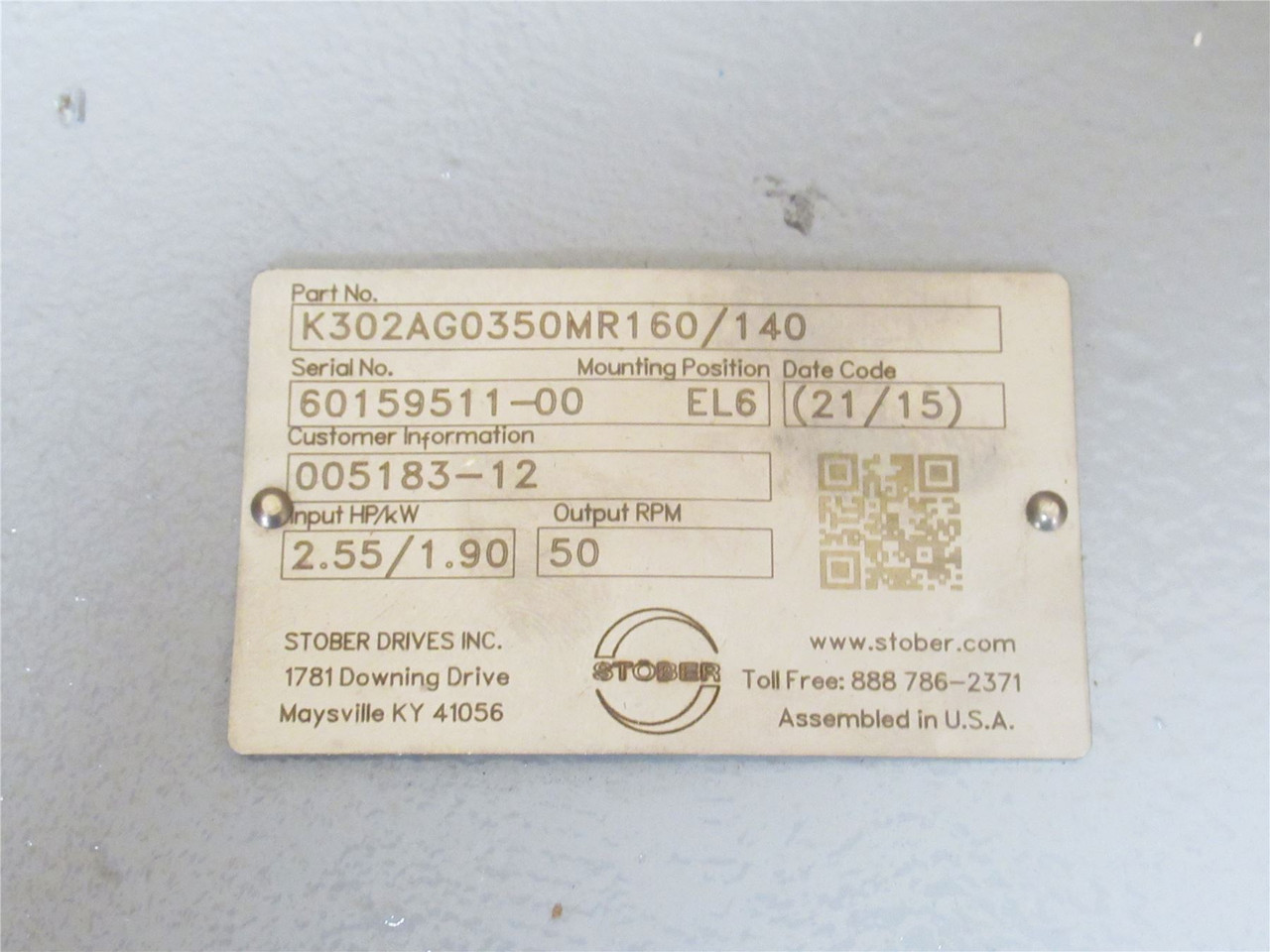Stober K302AG0350MR160/140; Gear Reducer RA; 35:1 Ratio; 50RPM