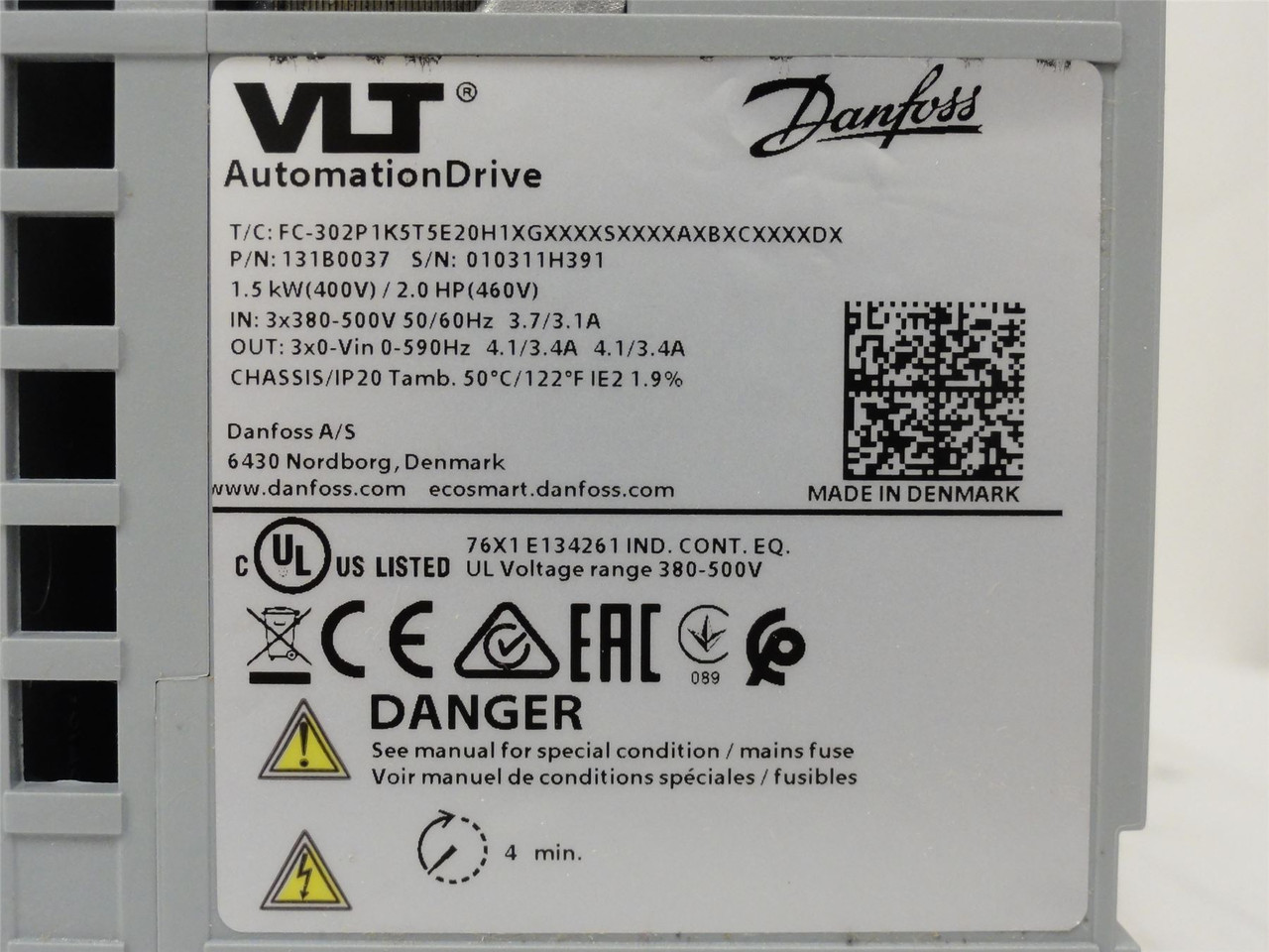 Danfoss 131B0037; AC Drive; 2HP; 1.5kW; 380-500VAC; 3Ph
