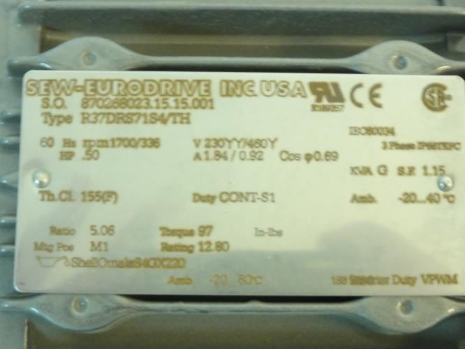 SEW R37DRS71S4/TH; Motor Gearbox; 0.5HP; 5.06:1 Ratio