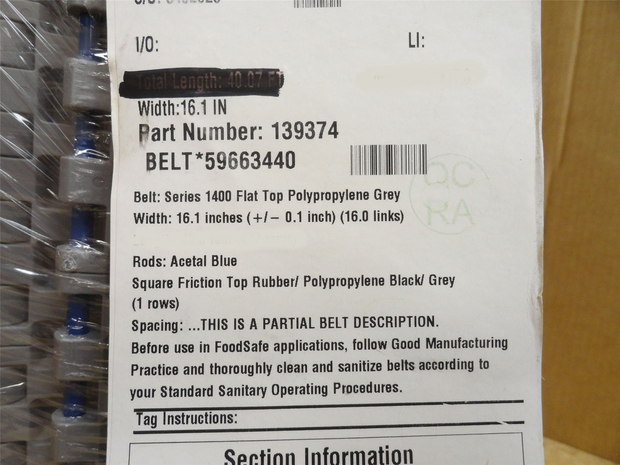 Intralox S1400-16-15; Friction Top Rubber Belt 16"Wx15'L