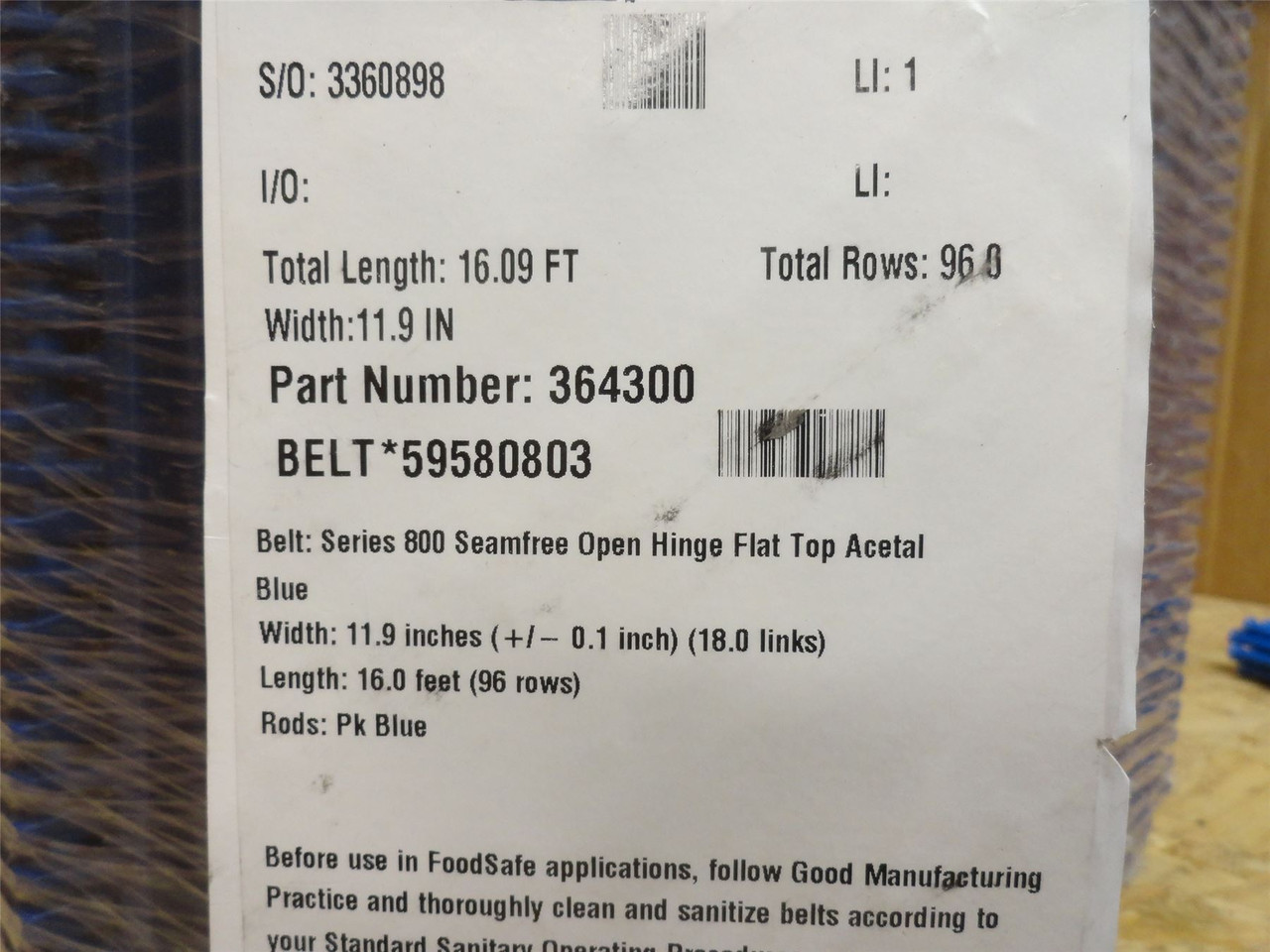 Intralox S800-12-16; Open Hinge Flat Top Belt; 11.9"W x 16ftL