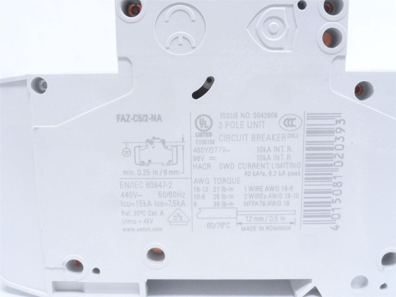Eaton FAZ-C5/2-NA; Circuit Breaker; 5A; 2P; 277/480VAC