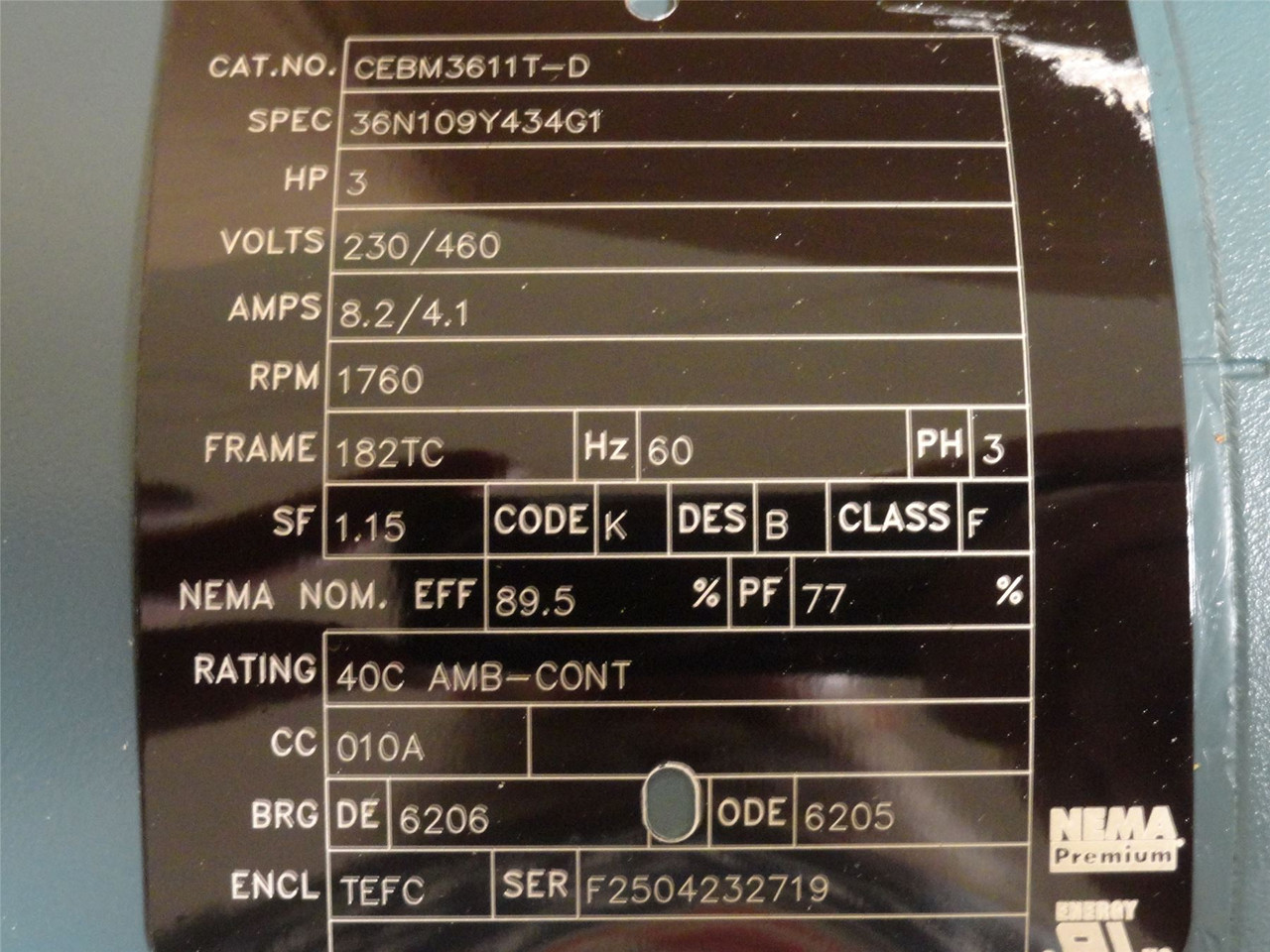 Baldor CEBM3611T-D; Brake Motor 3HP; 230/460V; 1760RPM; 3PH