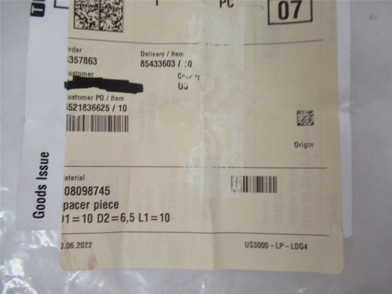 Multivac 108098745; Lot-2 Spacer 10mmL 10mmOD 6.5mm ID