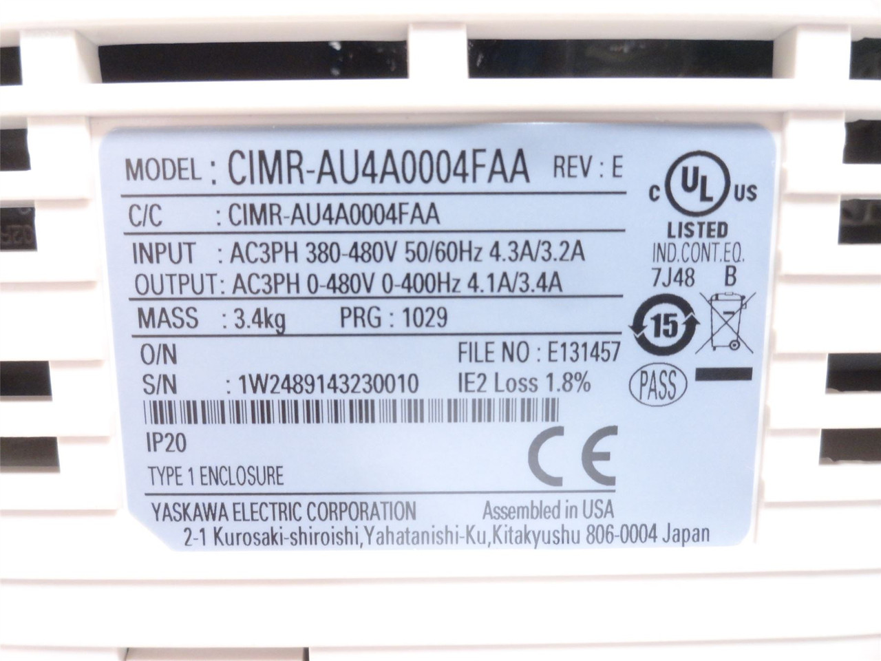 Yaskawa CIMR-AU4A0004FAA; AC Drive 2HP 480VAC 3PH