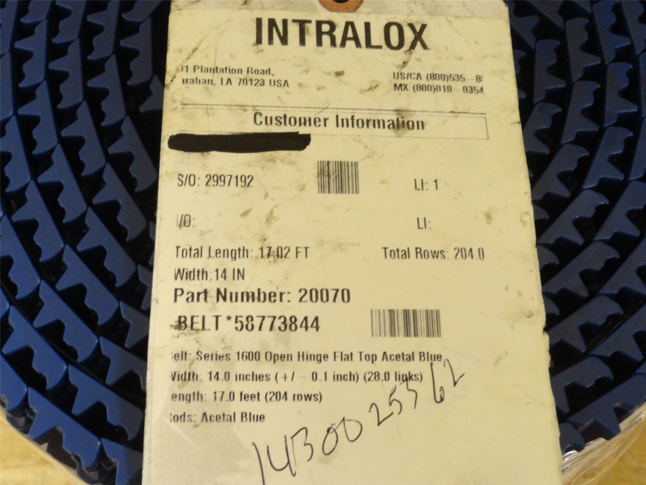 Intralox 20070-58773844; Series 1600 Flat Top Belt 14"W x 17'L