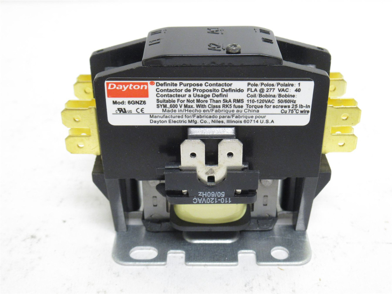 Dayton 6GNZ6; Contactor; 40A; 24VAC; 1+N Pole; Coil: 120VAC