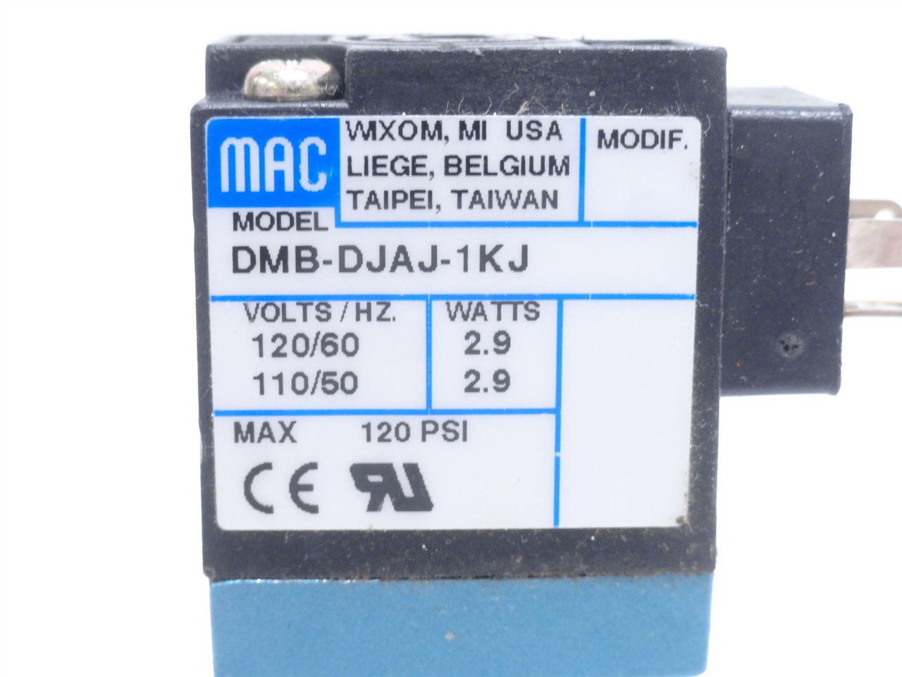 MAC DMB-DJ AJ-1KJ1; Solenoid Air Valve;  120PSI; 110/120VAC