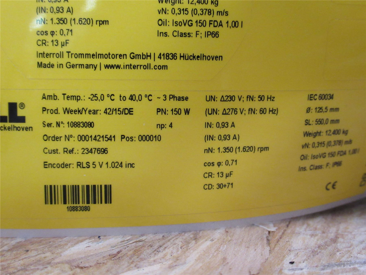 Interroll 113i-150W; Drum Motor; 230V; 550mmW; .315m/s