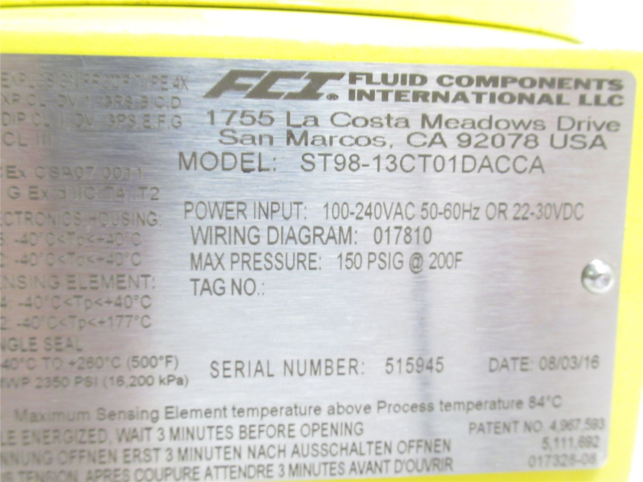 FCI ST98-13CT01DACCA; Flowmeter 100-240VAC In; 150PSI@200Deg F