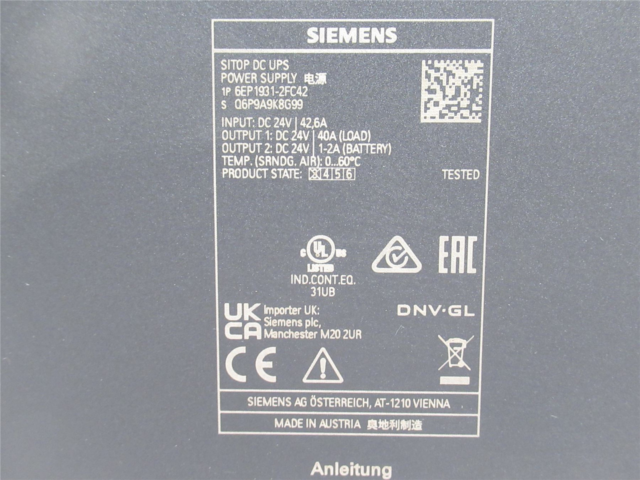 Siemens 6EP1931-2FC42; UPS 960W; 24V; 40A; 22-29VDC In